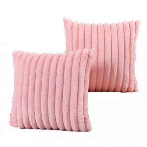 Housse De Coussin D&eacute;corative &Agrave; Rayures Printani&egrave;res - Rose, 45 X 45 Cm, Imitation Fourrure De Lapin, Fermeture &Eacute;clair, Lavable En Machine - Neuf