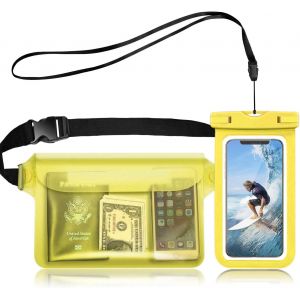 Kal-2 En 1 Kit Étanche Sac Étanche Avec Pochette Étanche Téléphone, Etui Pochette Imperméable À Ceinture Avec Housse Étanche Smartphones Pour Camping Nautique Kayak Pêche Rafting Natation (Jaune) - Neuf