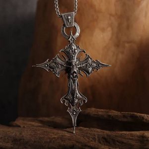 Collier Gothique Vintage Avec Pendentif T&ecirc;te De Mort, Croix De J&eacute;sus, Bijoux Catholiques Pour Hommes, Collier Amulette Religieuse Punk--Al19621-Silver - Neuf