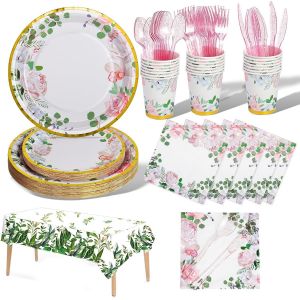 Letnerny-Fleur Assiette Anniversaire 141pcs Party Vaisselle,Kit Vaisselles Anniversaire Assiette Dîner Papier Tasse Serviette Etc Enfants Party Fête Mariages Décorations De Fête Thème - 20 Invités - Neuf