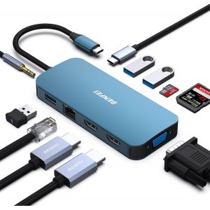 Station d'accueil USB C MST 11 en 1 avec c&acirc;ble tiss&eacute; en silicone,HUB USB-C avec USB-C vers 2*HDMI/1*VGA,vers 3*USB 3.0/SD/TF lecteur de carte/Ethernet/100W Alimentation/audio auxiliaire 3.5mm.[M326] - Neuf