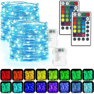 Lot de 2 guirlandes lumineuses aliment&eacute;es par piles,50 LED,16 couleurs changeantes,Grande ampoule RVB,Lumi&egrave;res scintillantes,Avec t&eacute;l&eacute;commande,Pour d&eacute;corations de No&euml;l en int&eacute;rieur et en ext&eacute;rieur - Neuf