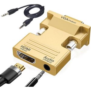 Adaptateur Hdmi Vers Vga, 1080P Hdmi Femelle Vers Vga M&acirc;le Convertisseur De C&acirc;ble Audio Vid&eacute;o Avec C&acirc;ble Audio 3,5 Mm Pour Ordinateur, Bureau, Moniteur, Hdtv, Etc. (Or)[Z1679] - Neuf