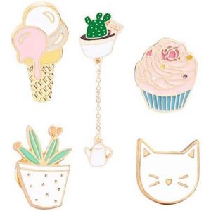 Kjdal-Lot De 5 Broches En Métal-Motif Cactus Et Chat-Crème Glacée-Cupcake,Émail - Neuf