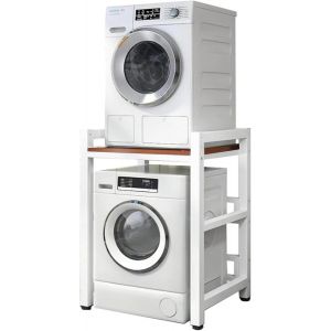 Étagère De Rangement Réglable En Hauteur Pour Machine À Laver Et Sèche-Linge À Chargement Frontal - Capacité De Charge De 400 Kg (Cadre Blanc + Bois De Teck) - Neuf