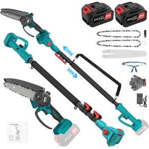 MEVRONISSHOP-lagueuse sur Perche 2-en-1 sans Fil, Mini Tron&ccedil;onneuse 6 Pouces avec 2x Batteries 4000mAh, Moteur Brushless 800W, Perche T&eacute;lescopique jusqu'&agrave; 4,8 m, Compatible Akku Makita 18V, Pour Jard - Neuf