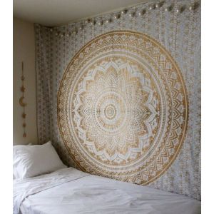 Tapisserie murale hippie mandala doré 130X150cm - Couvre-lit indien populaire bohème psychédélique Mandala décoré d'une tapisserie métallique brillante - Neuf