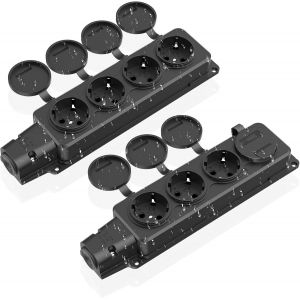 Prise Ext&eacute;rieure &Eacute;tanche &agrave; 4 Compartiments Avec Couvercles &agrave; Charni&egrave;res - 2 Pi&egrave;ces Multiprise Pour Pi&egrave;ce Humide, IP54 Pour Jardin - Noir (Sans C&acirc;ble) - Neuf