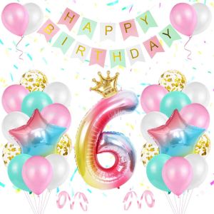 ChicSlick-6 Ans Décoration D Anniversaire Filles, Ballon Anniversaire Fille, Arc-En-Ciel Aluminium Ballon Numéro 6 Ballon, Bannière D'Anniversaire, Ballons En Latex Confettis Pour Fête D'Ann[X610] - Neuf
