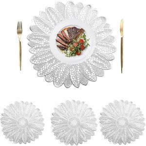 Eryi-4 Paquets De Sets De Table Ronds En Vinyle Pressé, Sets De Table Décoratifs De 38 Cm, Antidérapants Et Lavables, Sets De Table Métalliques Pour Centres De Table De Mariage (Argent) - Neuf