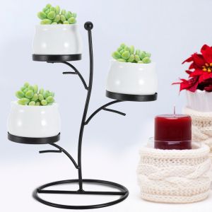 HJLIAN Petit pot de fleurs en ceramique blanche avec branches geometriques et support en fer (noir) - Neuf