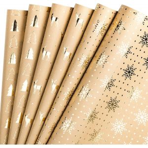 Feuilles De Papier D'emballage Papier Kraft - Sapin De Noël Et Motif De Renne Feuille D'or - 44,5 X 76 Cm Chaque Feuille, Total De 6 Feuilles Emballées En 1 Rouleau - Neuf