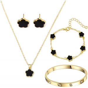 Kales-Ensemble De Bijoux Tr&egrave;fle &Agrave; Quatre Feuilles 4 Pi&egrave;ces Bracelet Tr&egrave;fle &Agrave; Quatre Feuilles Design &Eacute;l&eacute;gant Tr&egrave;fle &Agrave; Quatre Feuilles Collier Boucles D'oreilles Bracelet Pour Mariages F&ecirc;tes,Noir - Neuf