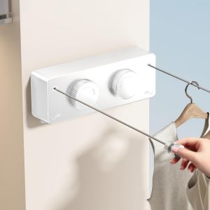 Fil Linge Ext&eacute;rieur Retractable Support MuralExtensible Corde A Linge Retractable Interieur Etendoir Linge Exterieur Etendoir Mural Exterieur Sechoir Mural Interieur 4.6m(Gris) - Neuf