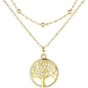 Arbre De Vie Collier Pour Femme Argent Sterling 925 Double Cha&icirc;nes Collier Avec Boite Cadeau Pour No&euml;l Anniversaire F&ecirc;te Des M&egrave;res,R&eacute;glable 40+5cm (Argent/Or/Or Rose) - Neuf