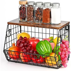 CAUC-Corbeille a Fruit, Panier de Fruits et Legumes, Panier a Fruit Mural Mur Empilable Bac &agrave; Fruits Etag&egrave;re Rrange Legumes Cuisine, Avec un Couvercle en bois et 4 Crochets, Noir - Neuf