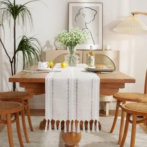 Crochet tiss&eacute; Ivoire Chemin de Table en Coton et Lin Rustique Style Ferme 180 cm de Long avec Glands &agrave; la Main pour Salle &agrave; Manger Cuisine f&ecirc;te et d&eacute;coration de Table &agrave; Dessert(Ivoire, 180cm) - Neuf