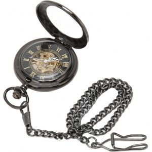 Eryi-Montre De Poche Mécanique, Cadran Chiffres Romains Montre De Poche Mécanique Pour Homme, Montre De Poche Vintage À Double Boîtier Main Vent Squelette Montre De Poche Avec Chaîne - Neuf