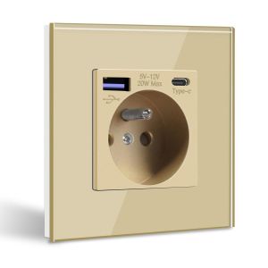 Prise Murale avec USB C PD20W,Prise de courant à Encastrer,16A Prise de Courant Alternatif avec Panneau en Verre,Chargeur Rapide Multiprises avec 1 USB-C 20W,Idéal pour Maison,Bureau-Or - Neuf