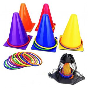 Jeu De Lancer D'ext&eacute;rieur, Entra&icirc;nement Sensoriel, C&ocirc;nes Et Anneaux En Plastique Color&eacute;s, Grands Tubes De 23 Cm, Portable, 5 C&ocirc;nes, 10 Anneaux Avec Sac De Transport - Neuf
