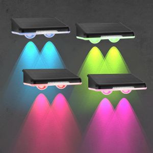 Asfasfq-Lot De 4 Lampes Solaires Led Pour Extérieur, 2 Led À Lentille, Applique Murale Solaire D'extérieur Avec Éclairage Rvb, Lampes De Jardin Étanches Ip65 Pour Terrasse, Jardin, Escaliers, Clôture - Neuf
