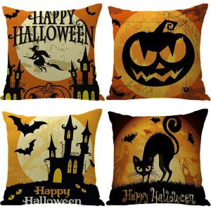 Lot De 4 Housses De Coussin Imprimées Motif Citrouille Et Sorcière D'halloween, 45 X 45 Cm (H) - Neuf
