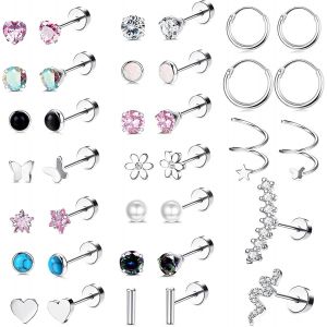 Cmjaagur-36 Pcs Boucles D'oreilles En Acier Inoxydable Pour Femmes Filles Hypoallerg&eacute;nique Coeur Serpent Dos Plat Cartilage Clous D'oreilles Helix Tragus Daith Boucles D'oreilles Piercing Je[M1636] - Neuf