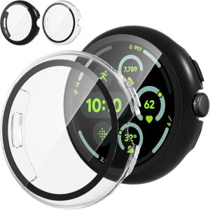 CAUC-2 Pi&egrave;ces Coque pour Google Pixel Watch 3 45mm Protection &Eacute;cran Dur PC Mat&eacute;riel Ultra Mince Verre Tremp&eacute; &Eacute;cran Case,Noir&Transparent - Neuf