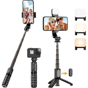 Kalanka-Perche Selfie Avec Lumière, Perché À Selfie Trépied Smartphone Bâton Selfie Extensible Télescopique 360° Rotation Pour Iphone Et Android, Enregistrement Vidéo, Blogage, Streaming En Direct (N - Neuf
