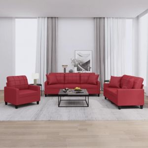 Prolenta Premium - Ensemble De Canapés 3 Pcs Et Coussins Rouge Bordeaux Similicuir - Neuf