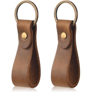 CAUC-Porte-Cl&eacute;s en Cuir, 2Pcs Veritable Qualit&eacute; Porte-Cl&eacute;s avec Lani&egrave;re en Cuir et Boucle de Cuivre, Anneaux Porte Cl&eacute; de Voiture Sangle en Cuir pour Homme Femme, Marron - Neuf