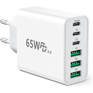 ELVORIX-Chargeur USB C, 65 W, 6 Ports, Chargeur Mural USB, Bloc d'alimentation USB C, Prise de Charge Rapide PD45W, Compatible avec iPhone 16/15/14/13/12/11/iPad/Galaxy S24/S23/S22/tablettes - Neuf