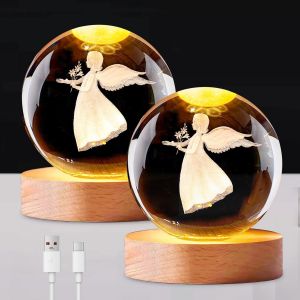 Fabur-Lot De 2 Boules De Cristal 3d - Système Solaire 3d - Boule De Cristal Avec Led - Cadeau Ange Gardien - Boule De Cristal Led - 6 Cm - Avec Base En Bois - Pour Thanksgiving, Saint-Valentin, Anniv - Neuf