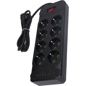 TYE-Multiprise 8 Voies USB C Prise Europ&eacute;enne Interrupteur Mural de Bureau C&acirc;ble de 2 M Prise UE 110-250 V Solution de Compacte et Efficace Utilisation au Bureau &agrave; Domicile (Black) - Neuf