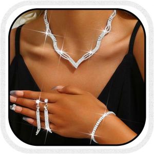 Kal-Ensemble De 3 Bijoux De Mariée Avec Boucles D'oreilles Et Collier En Strass Argentés Pour Femme - Neuf