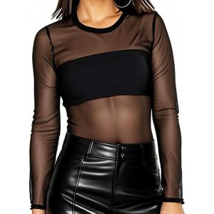 Utigh-Haut Transparent Noir Femme Dentelle - T-Shirt Manche Longue Séductrice En Maille Respirante, Top Élégant Pour Soirée - Neuf