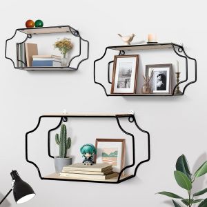 Cauc-Lot De 3 Étagères Murales, Etagere Murale Suspendues En Bois Et Métal, Étagère Murale Sans Percage Pour Décoration Et Rangement Dans La Salle De Bain, Le Salon, La Cuisine Et La Chambre - Neuf