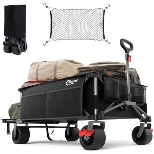 NouvelHorizonstore-Chariot de Plage Pliable, 600L Chariot de Transport &agrave; roulettes Tout Terrain Poign&eacute;e R&eacute;glable Charrette pour Ext&eacute;rieur Camping Pique-Nique avec Filet &agrave; Bagages Roue Amovibles de 16 - Neuf