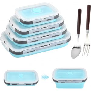 Kalanka-4 Pi&egrave;ces Bo&icirc;te &Agrave; Lunch Pliante, Bento Pliables En Silicone Avec Couverts, Nourriture Pliable Alimentaires, Lunch Box R&eacute;tractable Anti-Fuite Pour Micro-Ondes, Bureau Camping Pique-Nique - Neuf