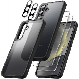 5 En 1 Mat Coque Pour Samsung Galaxy S24+ / S24 Plus 5g Avec Lot De 2 Protection D'écran Et Protecteur D'objectif De Caméra, Housse Étui Dos Translucide, Film En Verre Trempé (Noir) - Neuf
