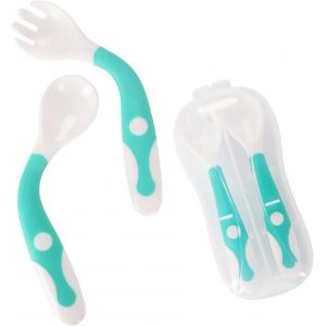 Ustensiles De Bébé Cuillère Fourche Avec Voyage Safe Case Toddler Bébés Enfants Alimentation Cuillère D'entraînement Easy Grip Pliable Parfait Auto-Alimentation Cuillères D'apprentissage-Bleu - Neuf