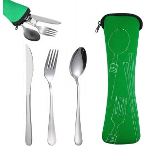 Sept-Voyage Ensemble Couverts Set, Couverts Portatifs En Acier Inoxydable, Couverts De Camping Avec Étui En Néoprène Pour Camping,Pique-Nique, Festivals Et Les Voyage¿Vert¿ - Neuf