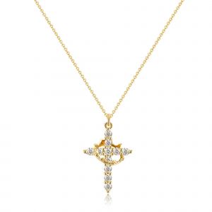 Collier Croix En Zircon Cubique Pour Femme, Plaqu&eacute; Or 14 Carats, 50 Cm, Couronne Rotative, Bijou Cadeau - Mod&egrave;le Ng07 - Neuf