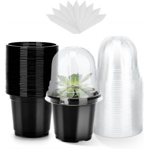 Eryi-32 Pieces Pot Semis Pot De Fleurs En Plastique Noir Avec Couvercle Transparent Et 10 &Eacute;tiquettes De Plantes En Plastique 10 X 2cm - Neuf