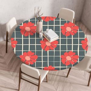 Nappe De Table Ronde Avec Bord Élastique, Nappe Ronde Anti-Tache Antidérapante Exterieur Table Protection Extensible Pour Cafe Cuisine Fête Table (110cm,Fleurs Rouges) - Neuf