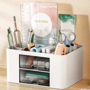 ERYI-Organisateur De Bureau Multifonctionnel, Rangement En Plastique Avec 5 Compartiments, 2 Tiroirs Coulissants, Organisateur De Maquillage Boîte À Cosmétique Pour Maison École Bureau (Blanc) - Neuf