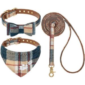 Eryi-Ensemble Collier Et Laisse Pour Chien Et Chat, Motif Écossais Brodé, Avec N?ud Papillon Et Bandana, Adorable Pour Promenade En Plein Air, Kaki, Taille M - Neuf