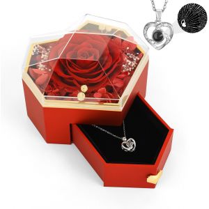 Collier Avec Rose Pr&eacute;serv&eacute;e, Cha&icirc;ne De Cou Avec Pendentif De C?ur De Je T'aime En 100 Langues, Bijoux De Cou Exquis Pour Femmes Filles M&egrave;res Anniversaire F&ecirc;te De Saint-Valentin, Rouge - Neuf