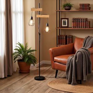 Subzonal-Lampadaire Industriel Design Sur Pied, Style Vintage Avec 2 Luminaires G&eacute;om&eacute;triques, Support En Bois Naturel Et M&eacute;tal Noir, &Eacute;clairage Ind&eacute;pendant Pour Salon - Neuf