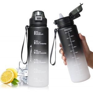 Gourde 1 L - Sans Bpa - Anti-Fuite - Avec Marqueur De Temps - Bouteille D'eau Avec Poign&eacute;e Et Couvercle De Verrouillage - Pour Randonn&eacute;e, Cyclisme, Camping, Course, Yoga - Neuf